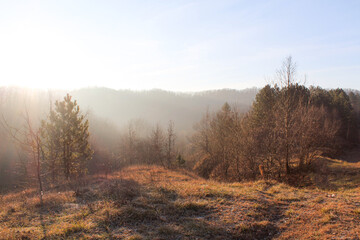 .A glade in the mountains, illuminated by the rays of the setting sun. Fog.