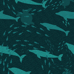 Seamless underwater background, with sea animals