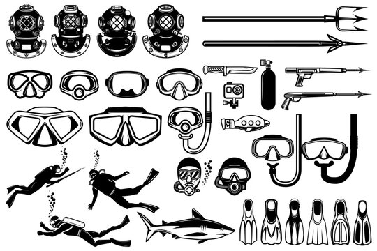 Big set of diver design elements. Diver helmet, diver mask, trident, harpoon. Design element for poster, card, banner,emblem, sign. Vector illustration