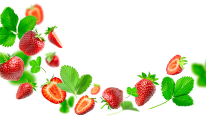 Ripe fresh flying red strawberry, green leaves isolated on white background. Strawberry pattern...