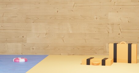 3d background rendering, two suitcases in the middle of beach sand and wooden background for presentation products, summer vacation theme, for web page, image background