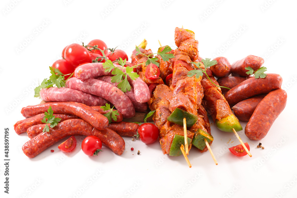 Poster assorted of raw meats isolated on white background