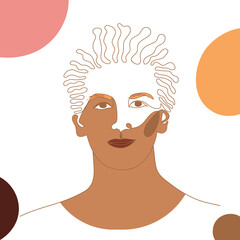 Isolated surreal fictional portrait of a man on a white background with abstract figures. Imaginary man drawn with a line in brown tones. Minimalist pattern.