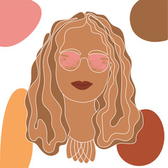 Isolated surreal fictional portrait of a girl on a white background with abstract figures. Imaginary woman with rose-colored glasses, drawn with a line in brown tones. Minimalist pattern.