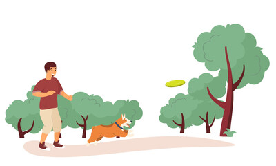 Vector illustration of rest in the city park. Young man playing with dog. Outdoor activities. Vector illustration