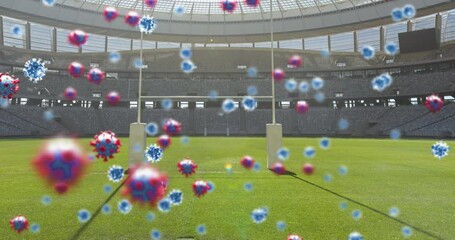 Animation of covid 19 cells over empty rugby pitch sports stadium - Powered by Adobe