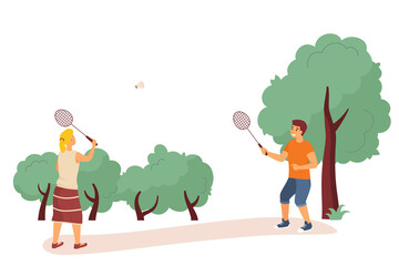 Vector illustration of rest in the city park. Young man and girl playing badminton. Outdoor activities. Vector illustration