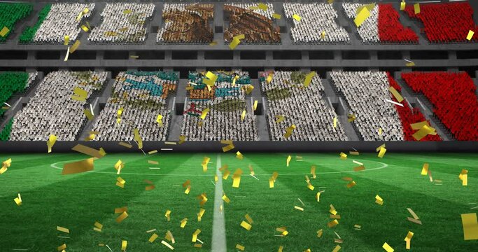 Animation of confetti falling over mexican flag in empty sports stadium
