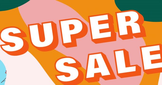 Animation of super sale text over flowers on blue background