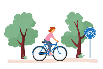 Vector illustration of rest in the city park. Young woman rides a bicycle on a bike path. Outdoor activities. Vector illustration