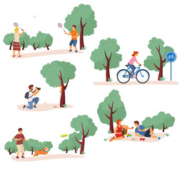 Leisure activities in the city park vector illustration. People rides a bicycle, playing badminton, relaxing on a picnic, playing with dog. Outdoor summer activities illustration set. 