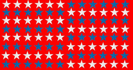 Composition of multiple rows of white and blue american flag stars on red background