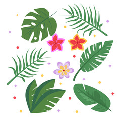 Summer flowers and leaves collection. Colorful summer design. Vector illustration in flat style. 