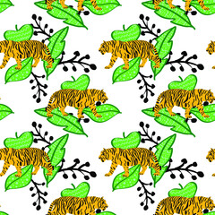Abstract Hand Drawing Tigers and Leaves Seamless Vector Pattern Isolated Background  