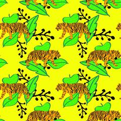 Abstract Hand Drawing Tigers and Leaves Seamless Vector Pattern Isolated Background  
