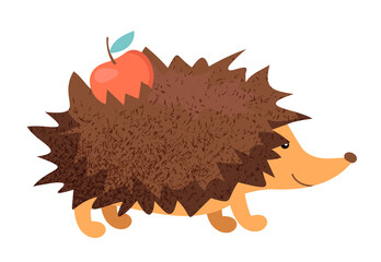 cute hedgehog in warm autumn colors with an apple on needles with a noisy shadow, isolated on a white background. children's illustration with a hedgehog