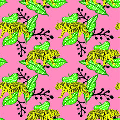 Obraz premium Abstract Hand Drawing Tigers and Leaves Seamless Vector Pattern Isolated Background 