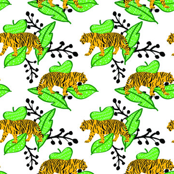 Abstract Hand Drawing Tigers and Leaves Seamless Vector Pattern Isolated Background  