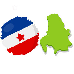 Map and flag of Yugoslavia. Serbia and Montenegro. National White blue red symbol. Geography and history of Europe. Flat cartoon