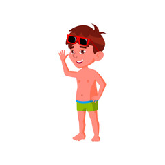 funny small boy kid with sunglasses waving parents on beach cartoon vector. funny small boy kid with sunglasses waving parents on beach character. isolated flat cartoon illustration