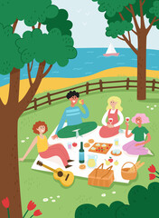 Obraz na płótnie Canvas Vector illustration of picnic outdoor weekend with friends in park.