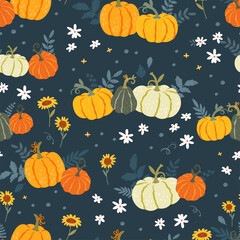 Cute hand drawn pumpkin horizontal seamless pattern, hand drawn pumpkins - great as Thanksgiving background, textiles, banners, wallpapers, wrapping - vector design