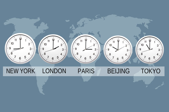 world map and wall clocks with hour in important cities