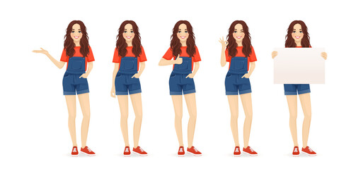 Young woman with long hair in casual style clothes set different gestures isolated vector iilustration