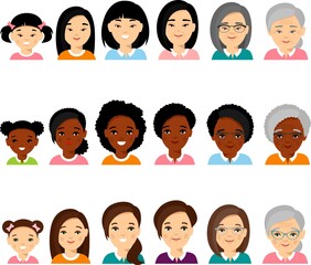Set of african american, european, asian age group avatars woman in colorful style.