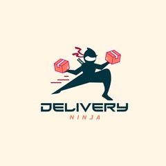 Delivery ninja man courier lifting package logo design vector template. Courier wearing mask. Express delivery service concept.