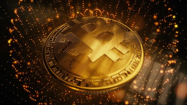 Crypto currency Gold Bitcoin - BTC - Bit Coin - Blockchain reveal. Magic Digital Light hologram in digital space. Macro orbit shot 3d animation motion graphics. 4k