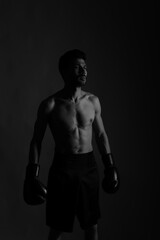 Fototapeta na wymiar Boxer in darkness with shadows in black and white