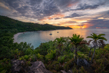 Fototapeta na wymiar sunset at tropical beach anse lazio on praslin on the seychelles