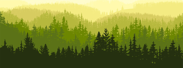 Horizontal banner of forest background, silhouettes of trees. Magical misty landscape, fog. Green and yellow illustration. Bookmark. 