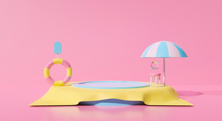 Abstract 3d rendering of inflatable ring on pink pastel background. Swimming summer fun.