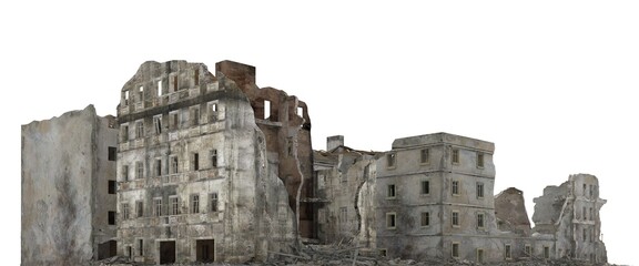 Ruined city building isolated on white 3d illustration - obrazy, fototapety, plakaty