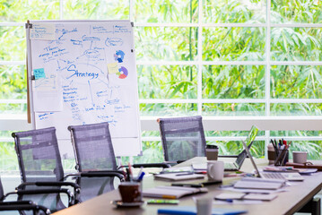 Fototapeta premium Background modern cozy meeting room with nobody consists of table, chairs, laptop, office supplies beside window and whiteboard with handwriting about creative ideas and marketing strategy plan.