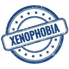 XENOPHOBIA text on blue grungy round rubber stamp.