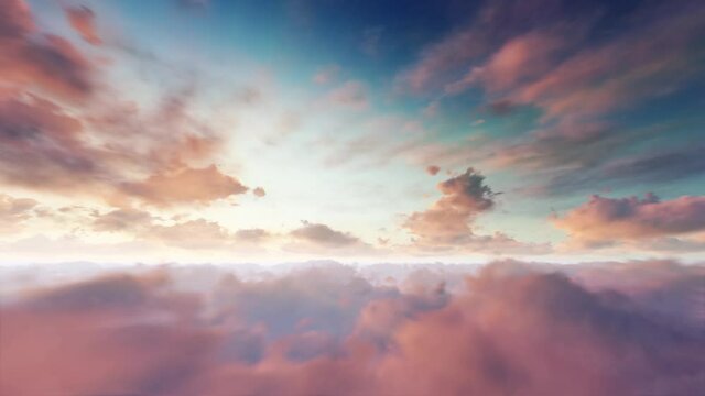 Flying over the beautiful floating clouds 3D simulation. Sun shines through the moving clouds timelapse from sunrise to sunset. Seamless Loop. 4k UHD animation