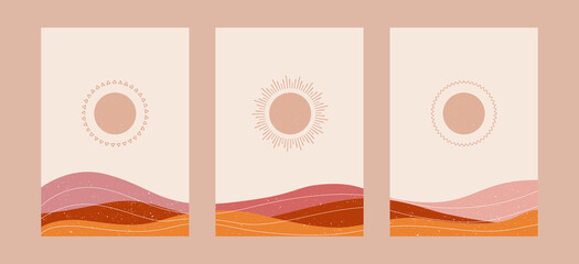 Minimalist art print. Abstract contemporary aesthetic backgrounds landscapes set with Sun, sea, mountains. Vector illustrations