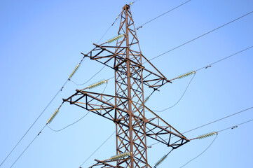 High voltage wires . Power lines.