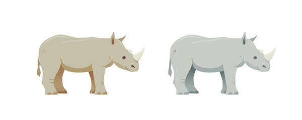 Brown and Gray Rhino in cartoon style. Happy friendly rhinoceros. Wild animal. Isolated cute children's illustration on white background.