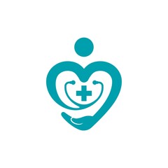 Abstract people with heart shape, protecting medical stethoscope with hand.