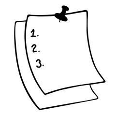 An empty numbered list pinned by a button. Blank sheet for to-do list, plans. A vector element isolated on a white background. Hand drawn icon in doodle style.