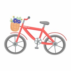 Fototapeta na wymiar Red bicycle with a basket of flowers in a cartoon flat style. Vector illustration isolated on background.