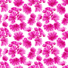 A blooming floral pattern in blooming botanical motifs is scattered randomly. Seamless texture. For fashionable prints. Print in a hand-drawn style on a white background