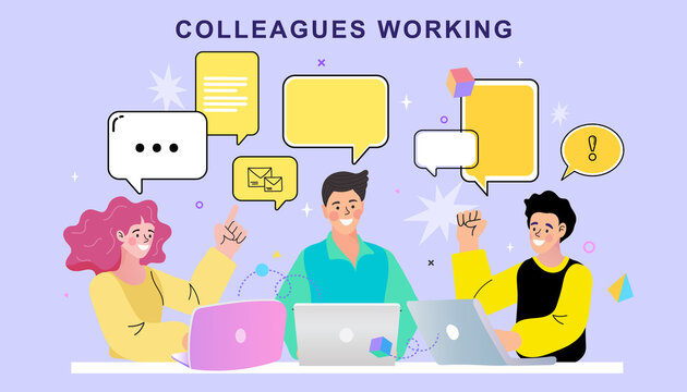 A team of colleagues is working together in a creative brainstorming session at the office. The diverse group uses laptops to discuss a new business idea, illustrating teamwork and communication.