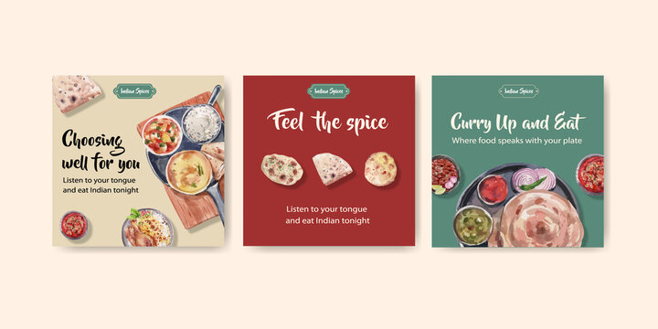 Advertise template with Indian food concept design for marketing watercolor illustraton