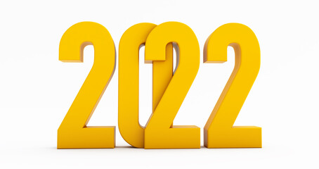 Happy New Year 2022. 3D render of yellow 2022 year isolated on white background