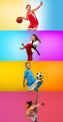 Fototapeta na wymiar Soccer football, basketball, taekwondo, boxing and tennis. Collage of different little sportsmen in action